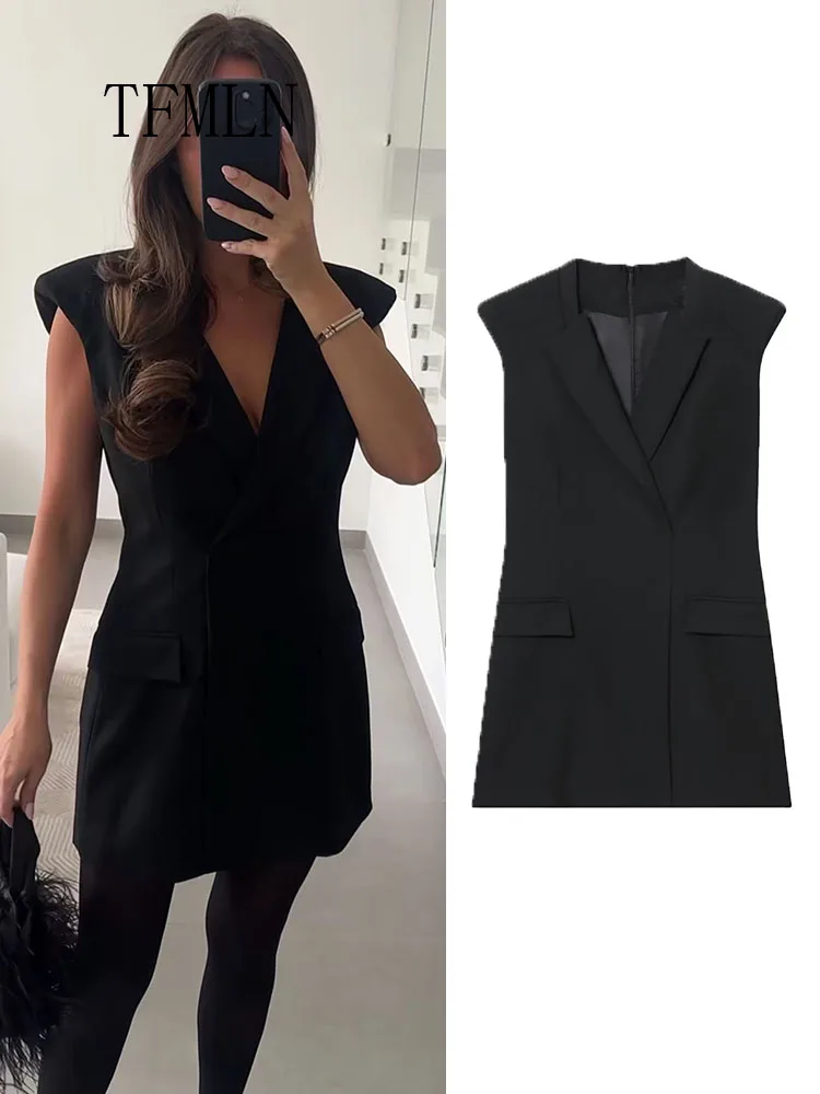 Tfmln escritório senhoras sólido mini vestidos 2026 primavera verão moda com decote em v sem mangas vestido causal bolsos simples vestido de festa