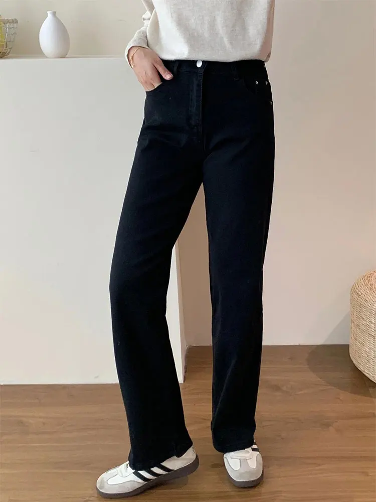 Pantalones vaqueros elásticos con cintura para mujer, Vaqueros holgados de pierna recta con forma de pera, pantalones vaqueros ajustados de cintura alta de talla nueva para otoño