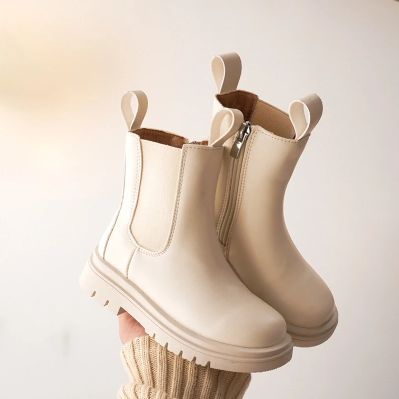 Zapatos Chelsea para niños, botas de algodón blancas impermeables de fondo grueso, botas cortas de estilo británico para niñas pequeñas, botas de tubo