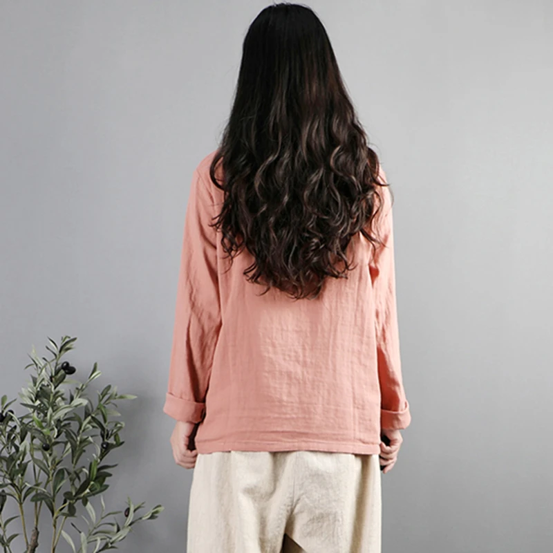 100% Cotton Women Long Sleeve Casual Shirt New Arrival 2025 Vintage Style Stand Collar Solid Color Female Tops Shirts M1763
