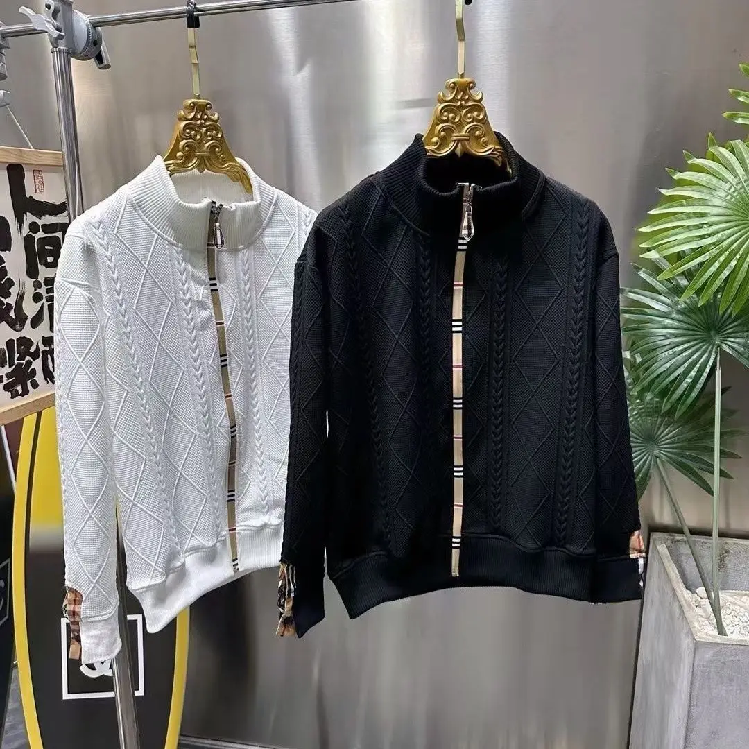 

New men's casual cardigan jacquard sweater cuff splicing handsome trend men's and women's couple light luxury top