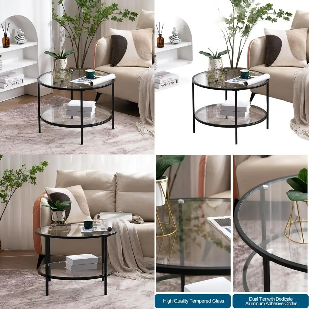 

Круглый черный журнальный столик для гостиных - двухуровневый, со стеклянной столешницей и местом для хранения, прозрачный и современный центральный столик для небольших помещений