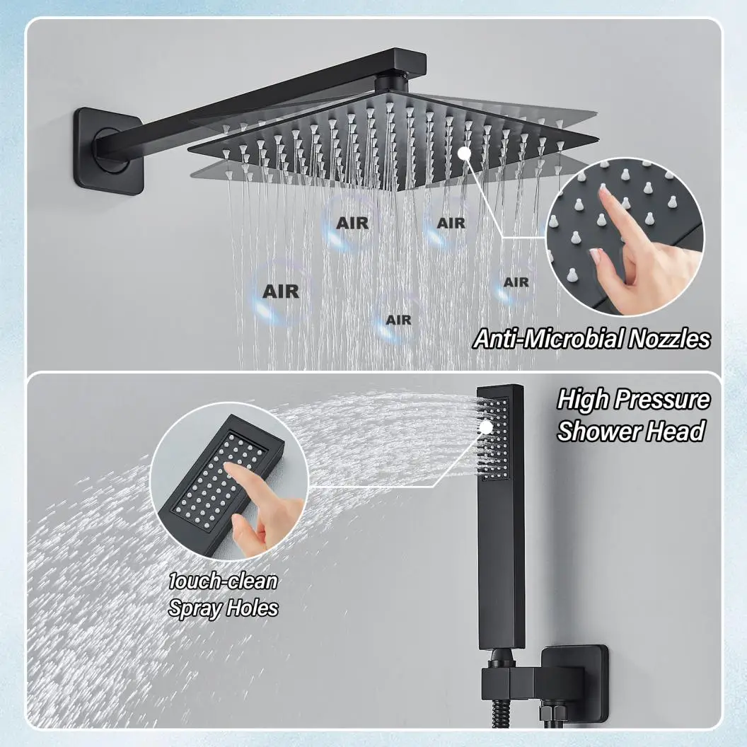 Matte Black Wall Mount Bathroom Shower Faucet 8/10/12/16 Inch Rainfall Mixed Hot Cold Water Mixer Bathtub Tap with Hand Sprayer