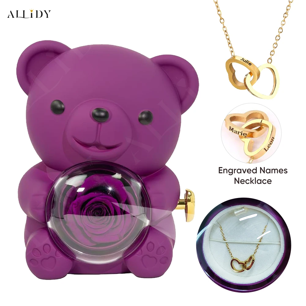 Interrupteur ours en peluche rose éternelle violette avec collier GROCoussins sculpté personnalisé, ensemble de bijoux, cadeau scolaire, envoyer fils et fille