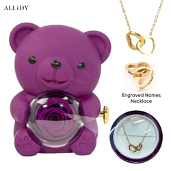 School Gift Send Son Daughter Lovely Purple Eternal Rose Teddy Bear with Custom Carved Words Heart Necklace Jewelry Gift Set