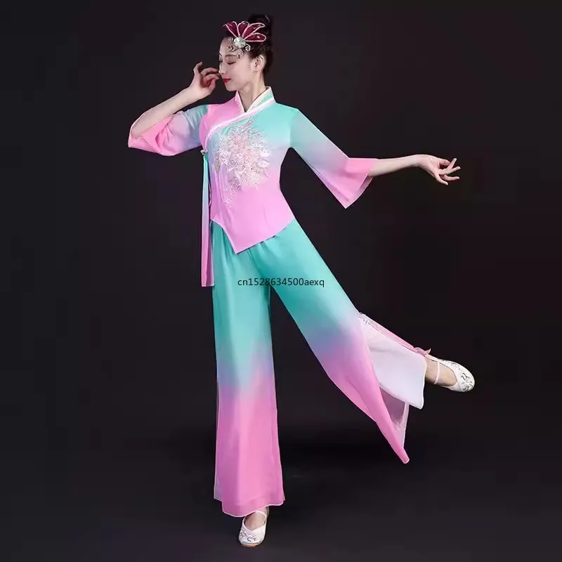 Ladies classical dance costume Women elegant new style national fan umbrella dance costume square dance Yangko dress set