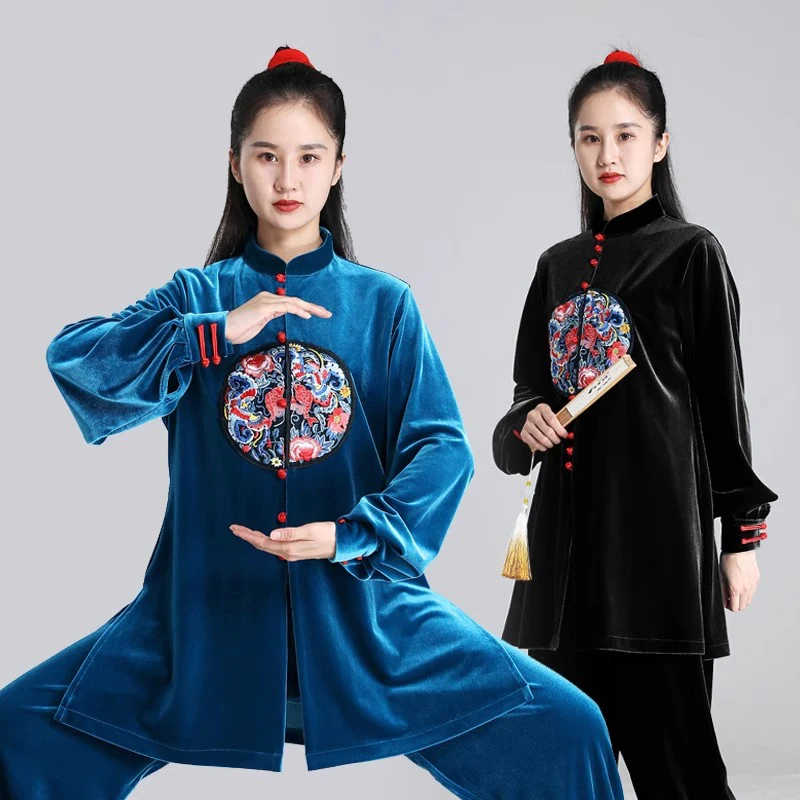 Kun Master Thicken Velvet Taichi Uniform Elegant Winter Martial Arts Suit Embroidery Kung Fu Clothes Taiji for Women