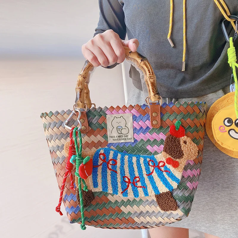 Vintage Striped Woven Tote Bags Women Fashion Cute Cartoon Handbags Female Casual Rope Pendant Large Capacity Shoulder Bag