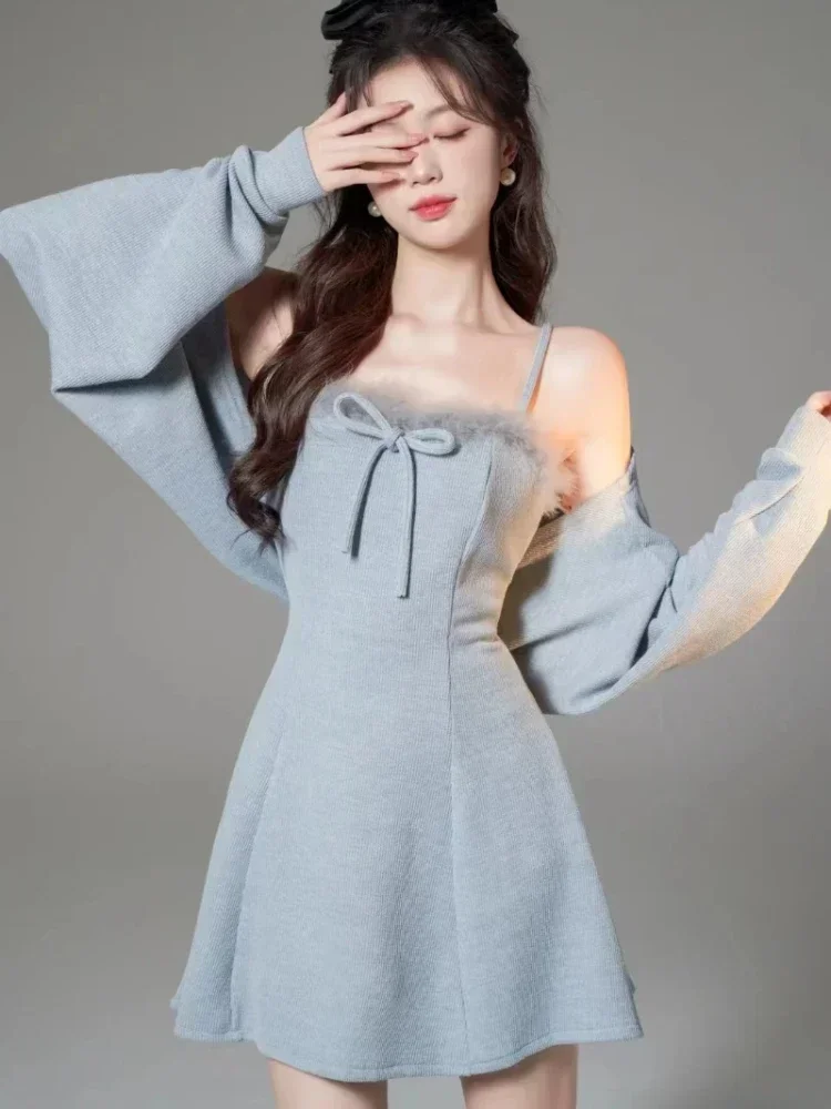 Sweet Solid Knitted Dress 2 Piece Set Women Feather Collar Mini Dresses Long Sleeve Cardigan Autumn Winter Y2K Patchwork Outfits