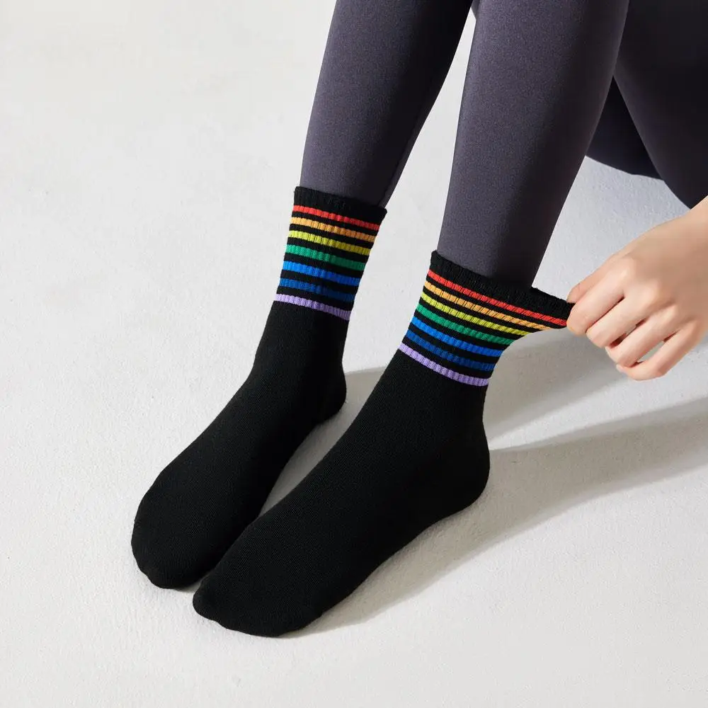 5 Pair Women Rainbow Socks Cotton Cute Striped White Socks Japanese Harajuku Funny Socks Kawaii