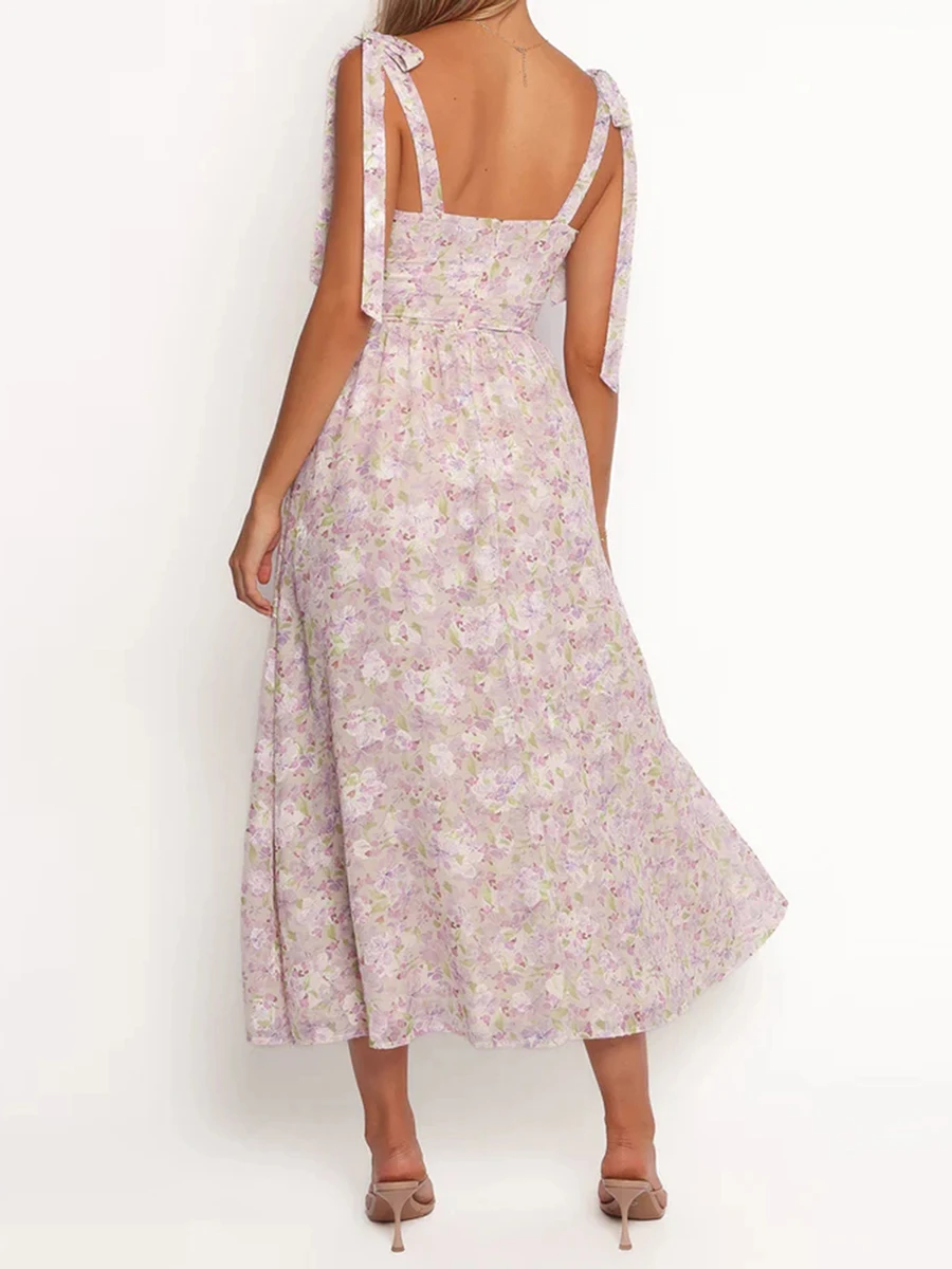 Nouveau Sexy femmes robe longue imprimé fleuri bretelles à nouer robe Cami mode d'été sans manches tenue décontractée S M L