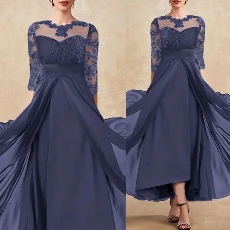 Maxi Frauen Kleid Chiffon Spleißen Spitze Hohl Langarm Party Langes Kleid Einfarbig Hohe Taille Brautjungfer Abendkleid