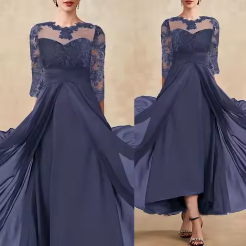 Maxi Women Dress Chiffon Splicing Lace Hollow Long Sleeve Party Long Dress Solid Color High Waist Bridesmaid Evening Dress