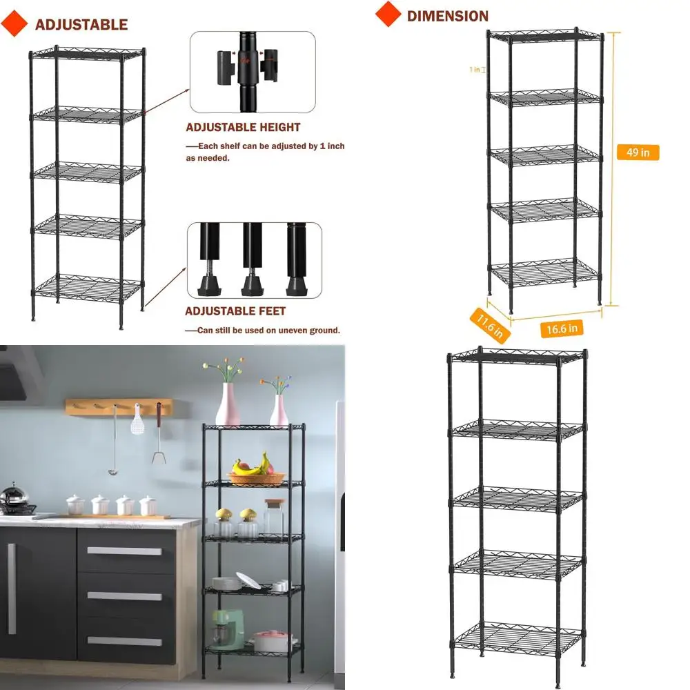 

Регулируемая 5-ярусная металлическая стеллажная система для хранения, для кухни, прачечной, ванной, кладовой, 11.6x16.6x49, черная