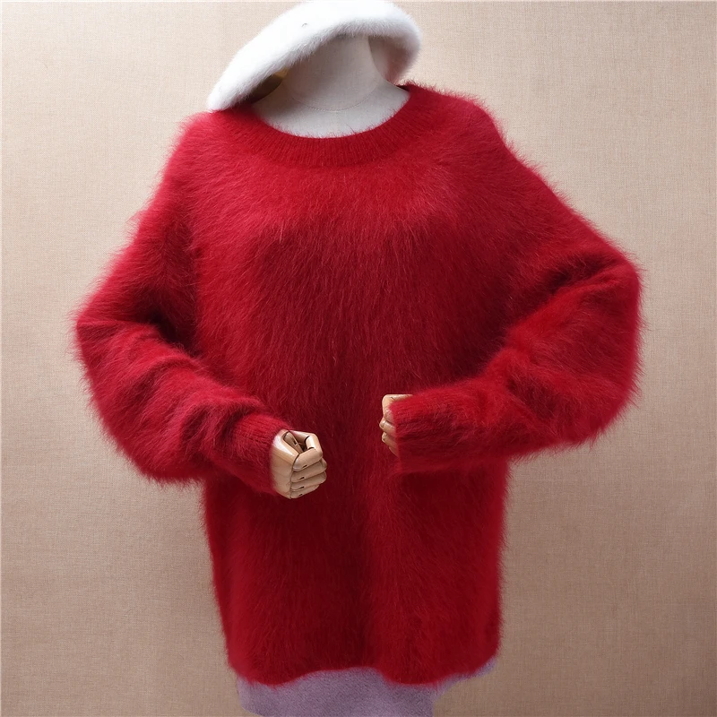 

Female Women Autumn Winter Thick Warm Hairy Mink Cashmere Knitted O-Neck Long Sleeves Loose Pullover Angora Fur Sweater Jumper