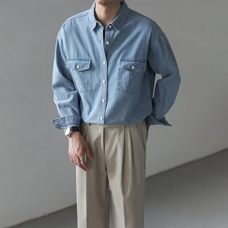 

Spring Autumn New Fashion Men's Washed Solid Color Blue Casual Trendy Simple Basic Loose Turn-down Collar Long Sleeve Shirt Coat