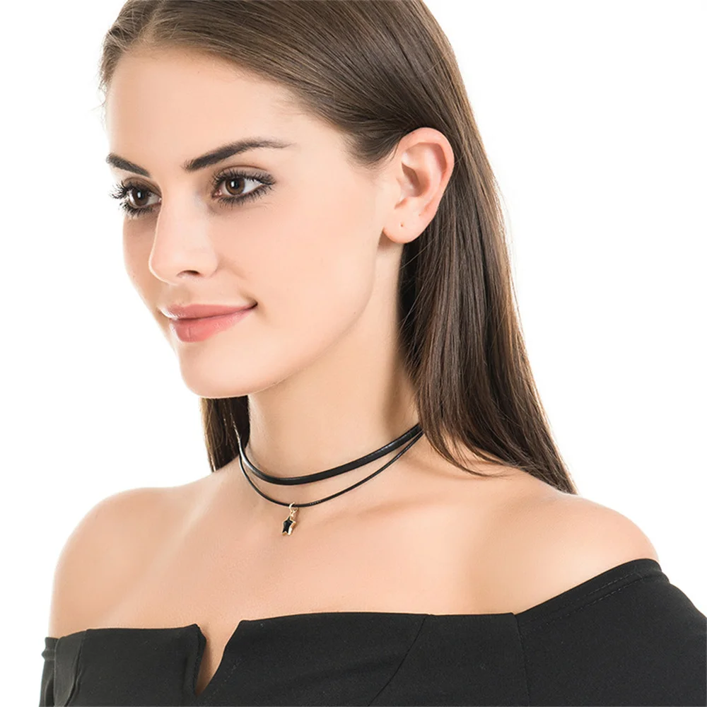 Gothic Double-Layer Thin PU Leather Choker Necklace Acrylic Star Pendant Collar Women Clavicle Chain Sexy Jewelry Drop Shipping