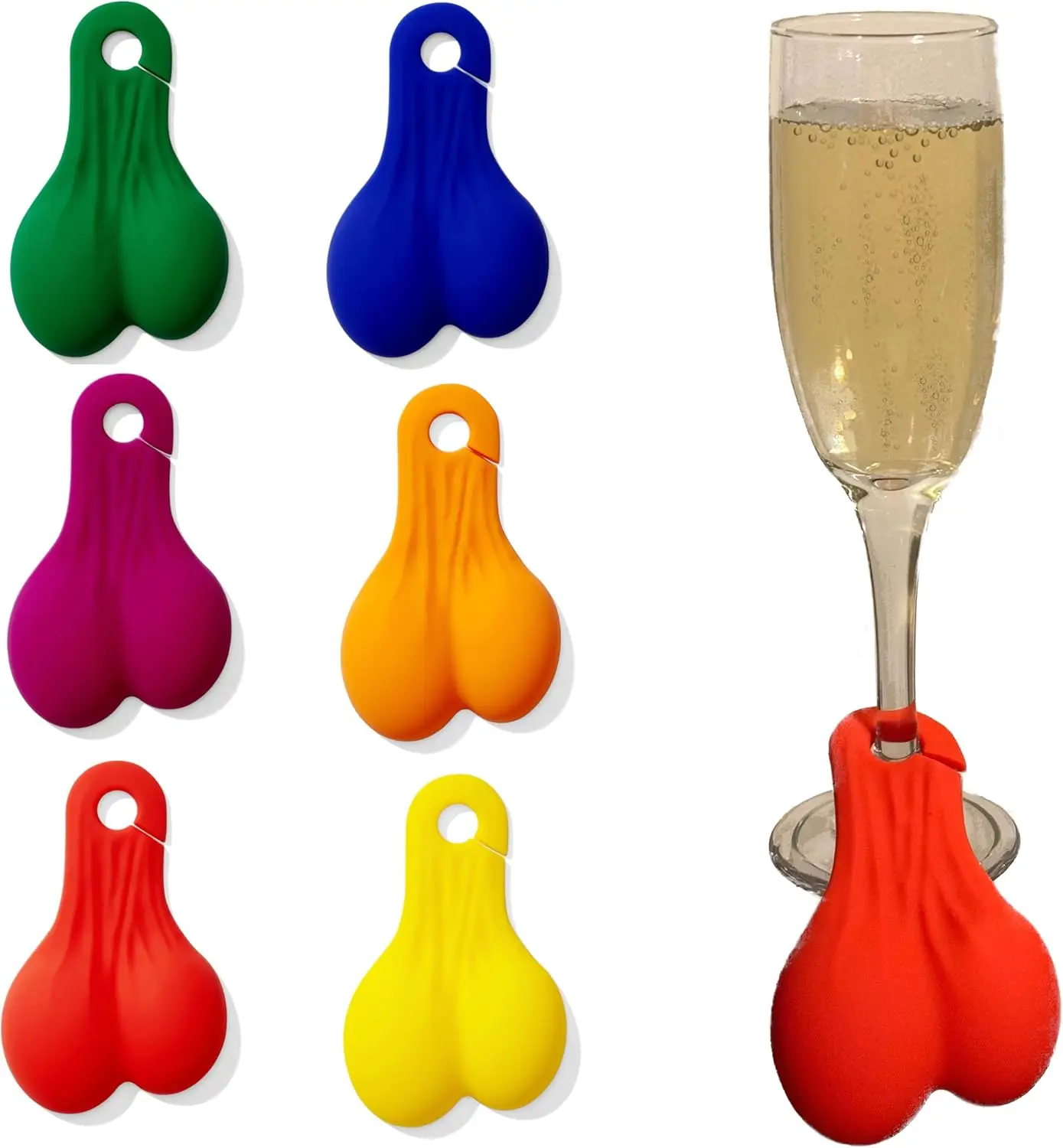 

Wine Nutz - 6pcs Silicone Wine Glass Charms, Rainbow Party Markers for Champagne, Cocktails & Martinis