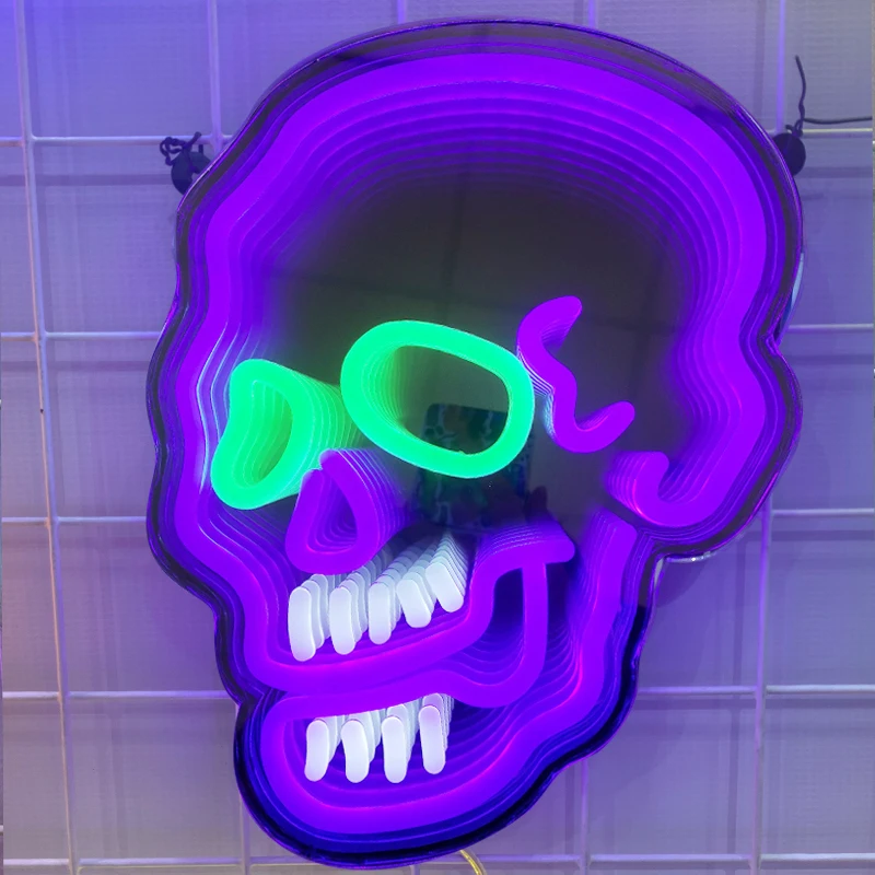 Cool Skull Infinity Mirror, LED Neon Infinity Mirror, Custom Wall Art Neon Mirror, Perfect Decor for Bar, Gaming Room & Man Cave