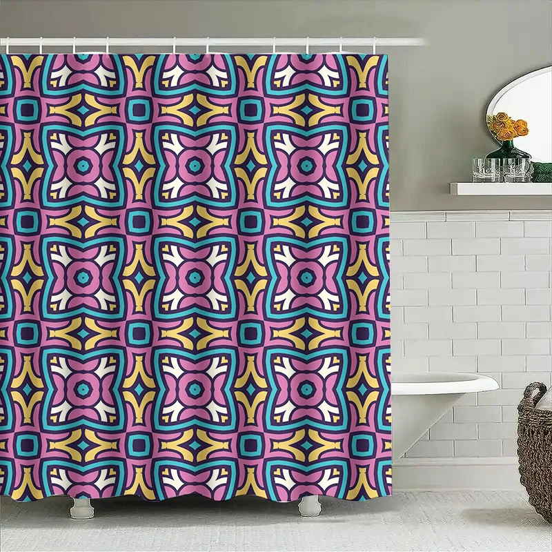 

Multicolor geometric pattern shower curtain waterproof bathroom decor accessory for hotel or home use with durable hooks include