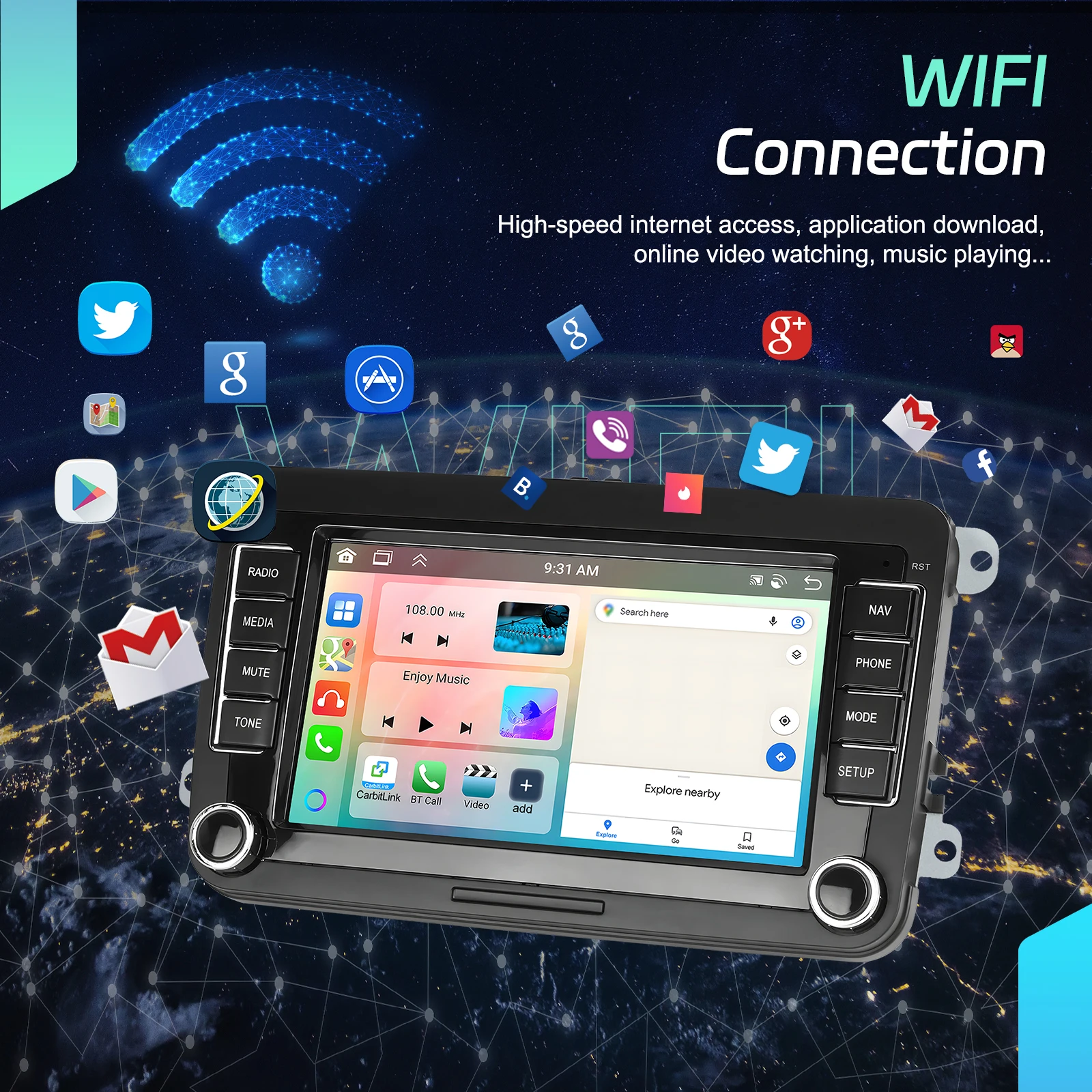 Podofo 6 + 128G 7 ''/8''/9 ''سيارة ستيريو لشركة فولكس فاجن/باسات/جولف/بولو/بورا مشغل وسائط متعددة أندرويد السيارات Carplay WIFI GPS EQ صوت السيارة