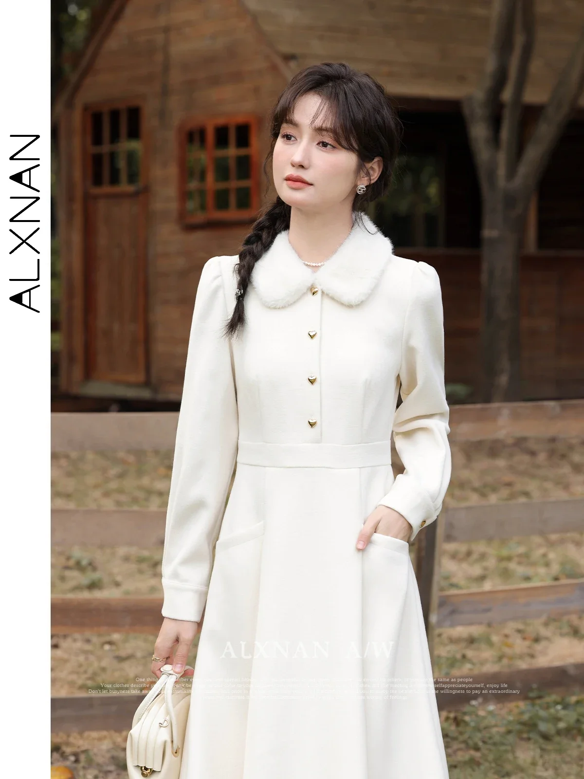 ALXNAN Apricot Lapel Midi Dress for Women 2024 Autumn Winter Solid Single Breasted Warm Long Sleeve Dresses Woman L33131LYQ