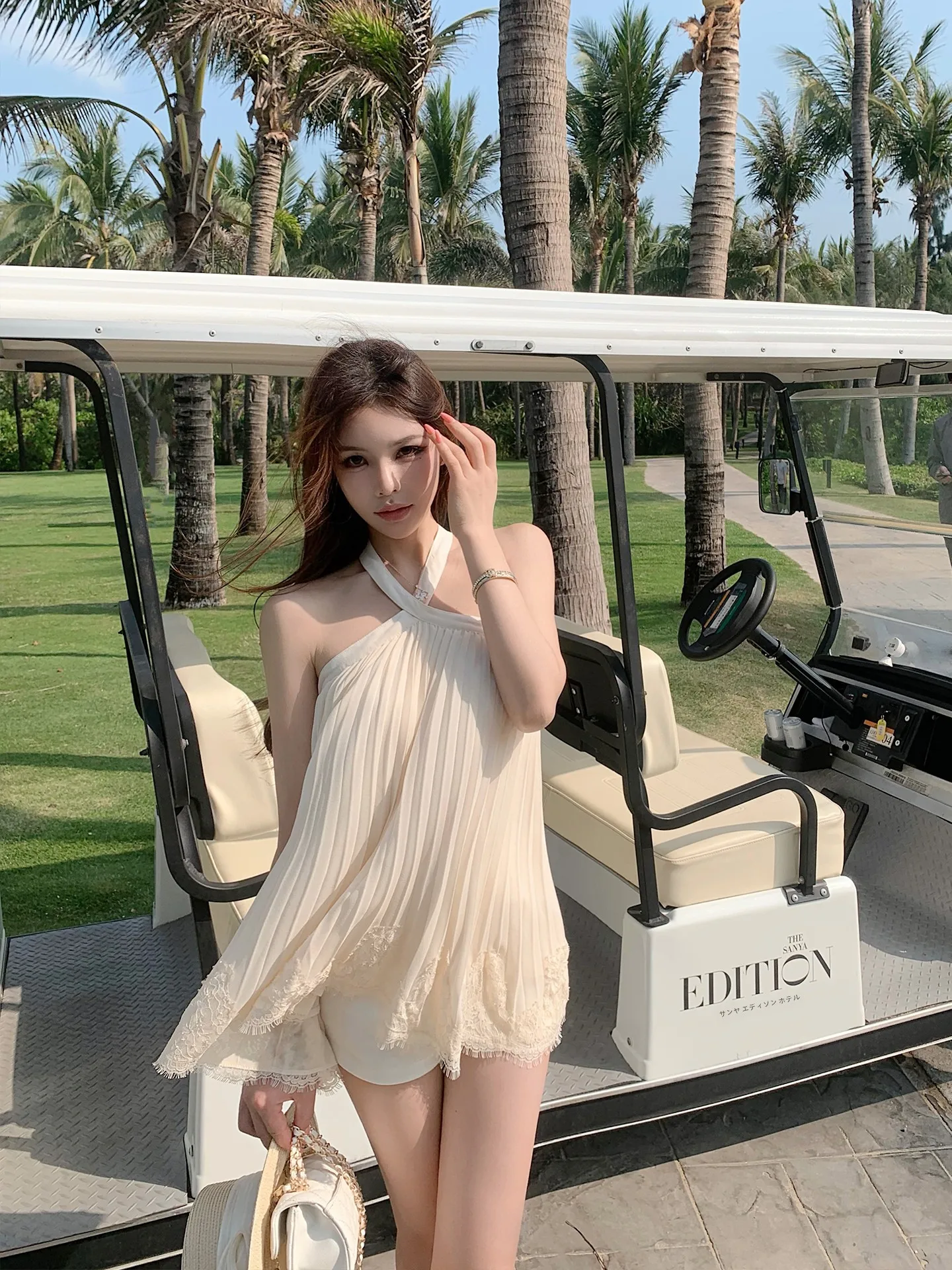 

Женское кружевное плиссированное платье Onelady с вырезом на шее, без рукавов, с перекрестной спинкой, из шифона, свободного кроя, для города и повседневной носки