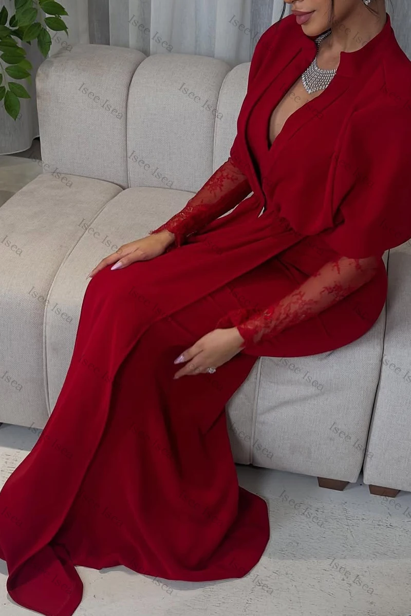 Borgonha renda vestidos de noite manga longa com decote em v vestido de baile até o chão árabe saudita frisado vestido no tapete vermelho 2026 personalizado
