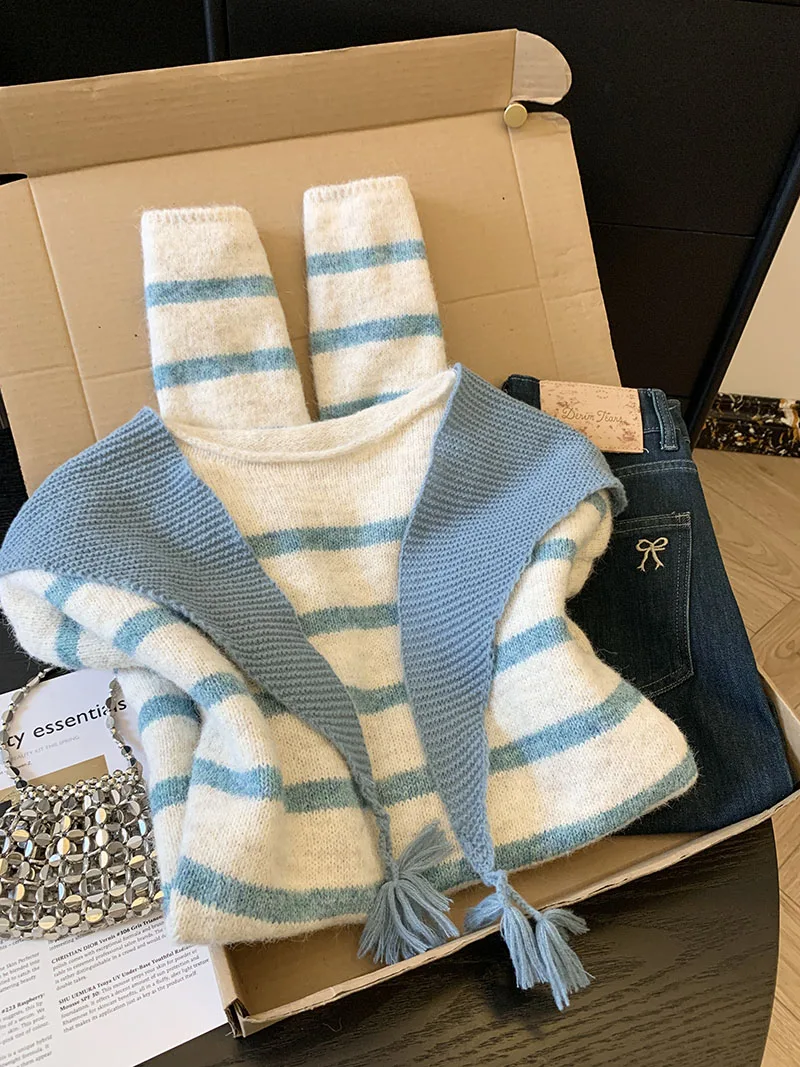 سترة محبوكة للنساء، نمط فضفاض/كسول، سترة بألوان متباينة، طقم شال مكون من قطعتين، متوسط الطول