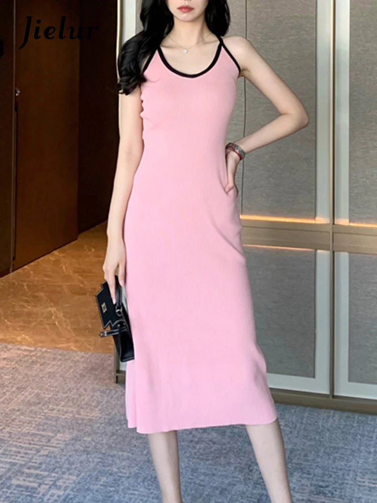 

Jielur Backless Spell Color Strapless Sexy Dress Slim Waist Tight Hip O-neck Sleeveless Elegant Dresses Summer Casual Streetwear