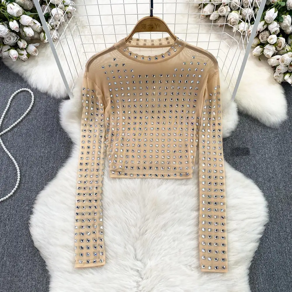 Spring Women Square Diamonds Beaded T-Shirts Mesh Bottoming Rhinestones Shirts Tees Hot Drilling Gauze Tshirts Jumpers Crop Tops