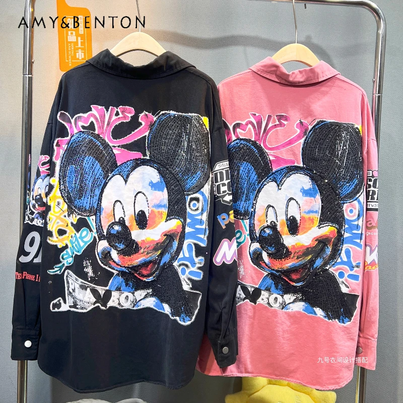 

2025 Autumn New Fashion Cartoon Letter Top Shirt Jacket For Women's Loose Casual Versatile Design Sense Shirt Outerwear Ladies