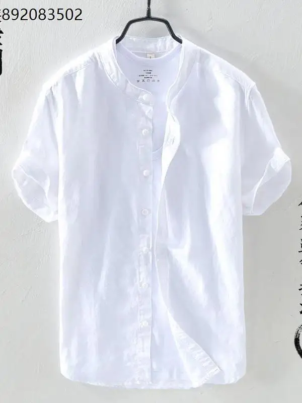 

Japanese Style Linen Cotton Loose Fit Short Sleeve Shirt Breathable Thin T-Shirt Men's Citywalk Summer Fashion White Crew Neck