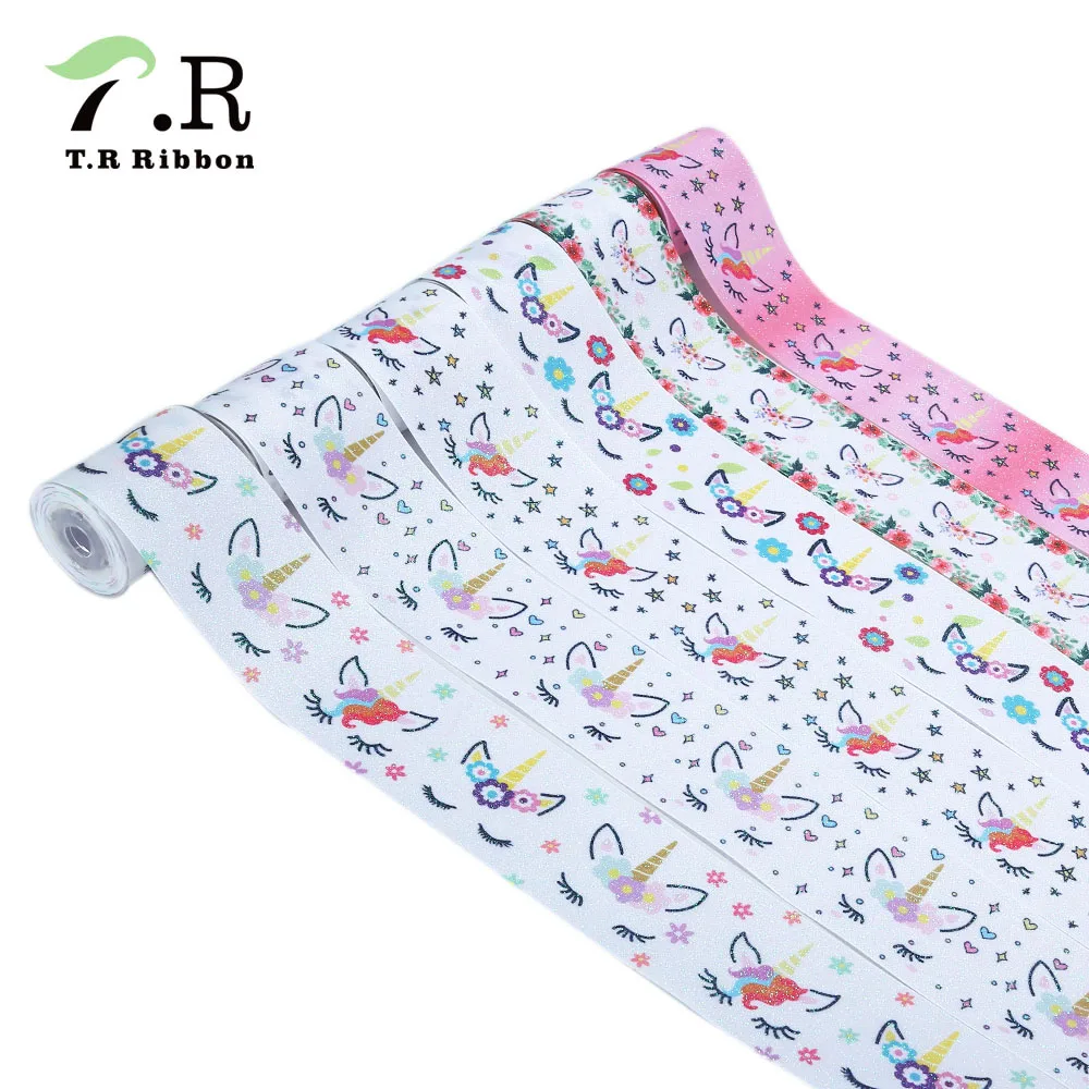 

3" 75mm Heat Transfer Gradient Rainbow Gold Foil Unicorn Printed Grosgrain Ribbon For Hair Bow Clip Gift Wrapping