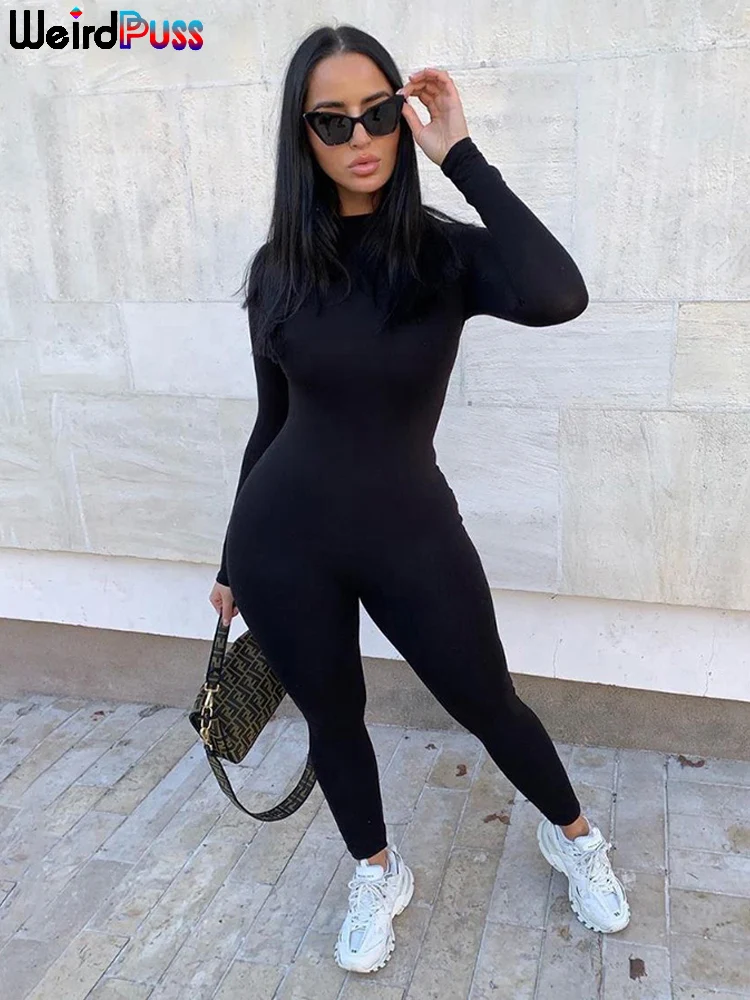 

Weird Puss Fitness Skinny Jumpsuit Women 2025 O-Neck Full Sleeve Elastic Hight Zip Sportswear Casual Rompers Streetwear Outfits