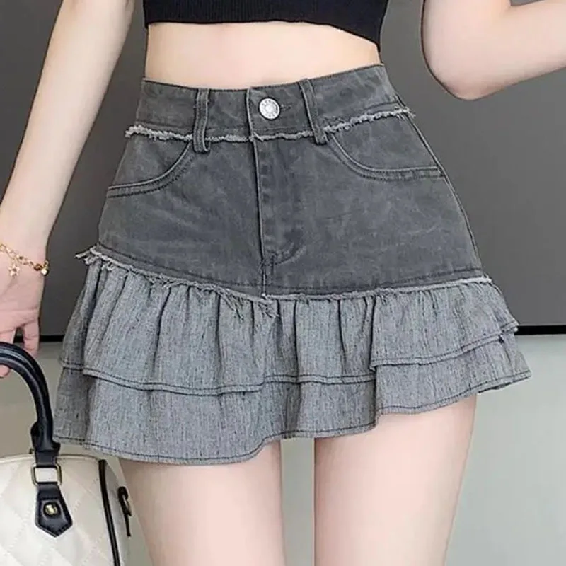 

Summer Sexy Streetwear Denim Skirt Women Fashion high Waist Patchwork Ruffles a line skirts Casual Pockets Denim Skirt Lady