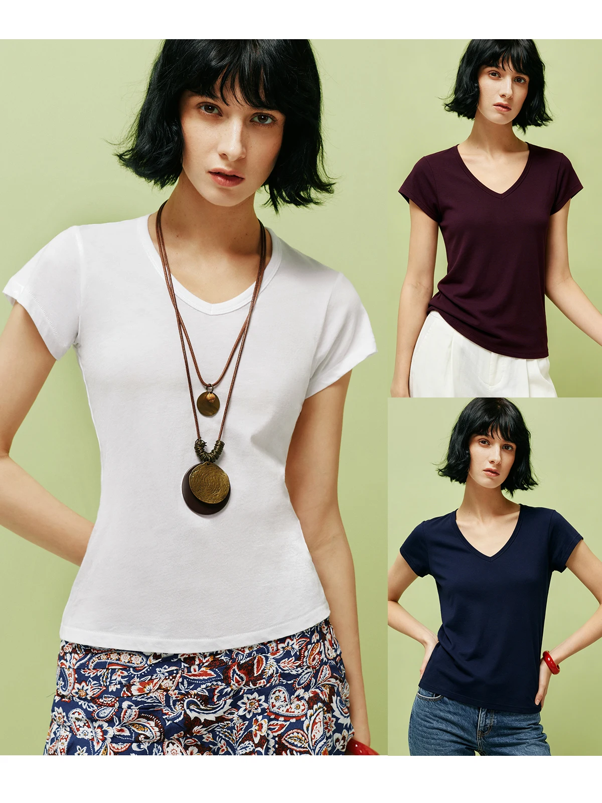 100% Long Staple Combed Cotton V-Neck Short Sleeve T-Shirt Comfortable Versatile Basic Style for Women Breathable Skin-Friendly