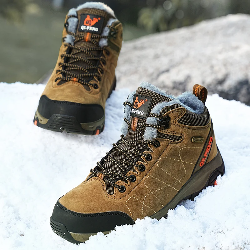 Hiking Sneakers Men Autumn Winter Outdoor Hunting Shoes Warm Fur Non Slip Fashion Lace Up Ankle Padded Boots Felt Snow Footwear