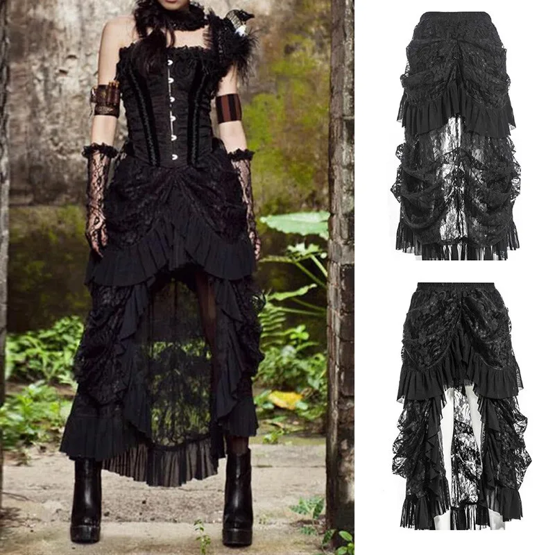 European and American Spring and Autumn Pure Color Punk Steampunk Gothic Banquet Bird Tail Lace Long Dress