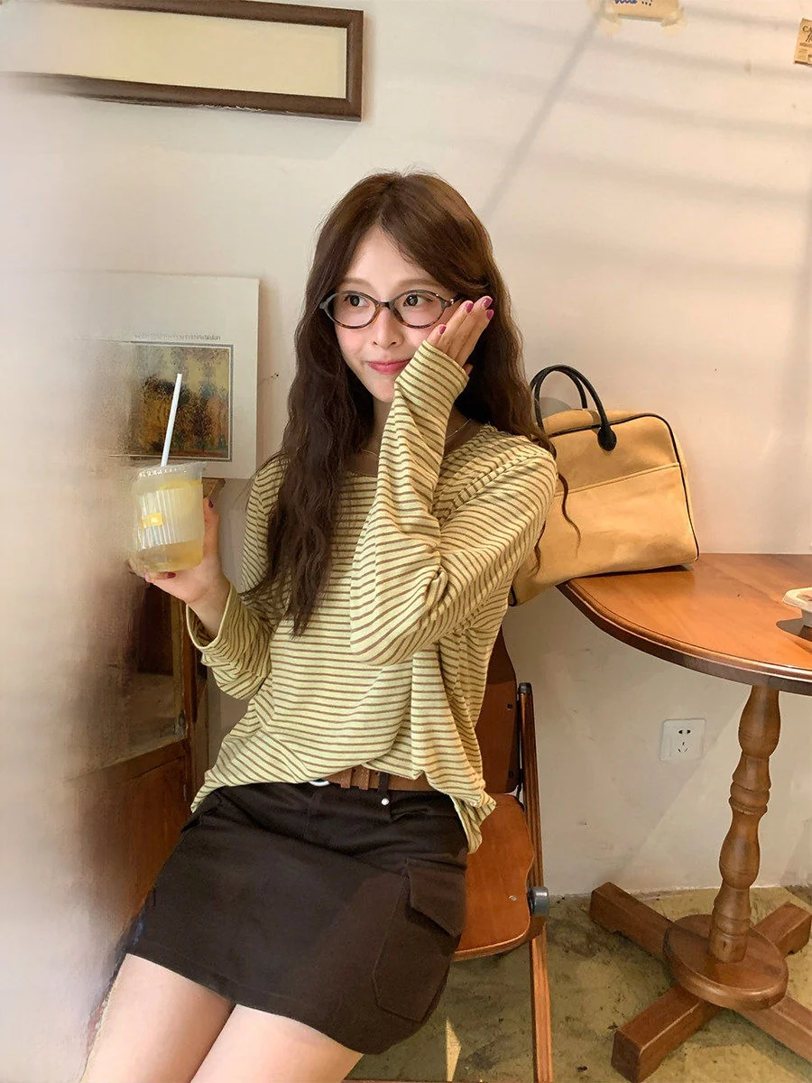 

COK Women's Slim Fit Long Sve T-irt Overhead Striped Base Layer Color Blo oulder Top Autumn New Sle Commute Sle