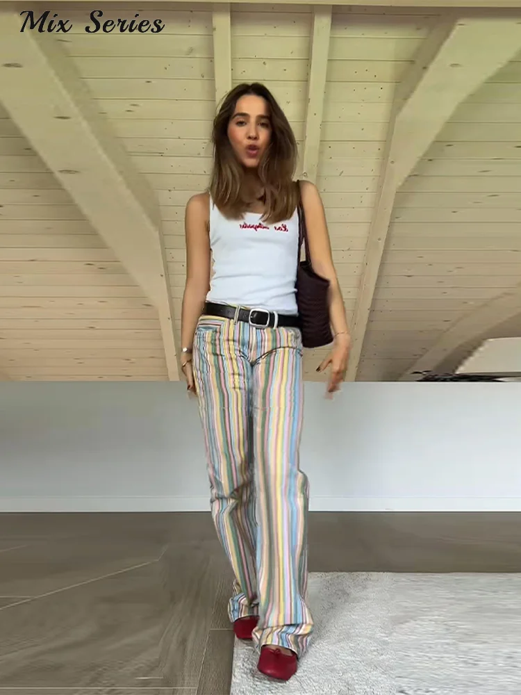 Fashion Color Block Rainbow Stripe Jeans Women's Low Rise Wide Leg Zippers Pant… - Image 3