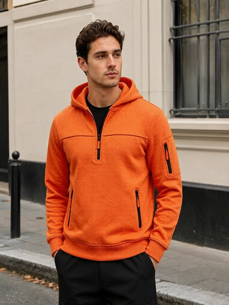 Men's plus Size Casual Sports Hoodie Long-Sleeved Pullover Solid Color Spring Autumn Fashion with Arm Pocket And Pull Rope
