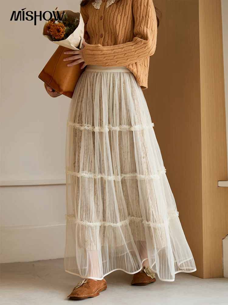 MISHOW المشمش شبكة تنورة للنساء 2025 الخريف الشتاء جديد تخفيف الخشب الأذن حافة المخملية المطبوعة الربط تنورة طويلة MXE47B2440