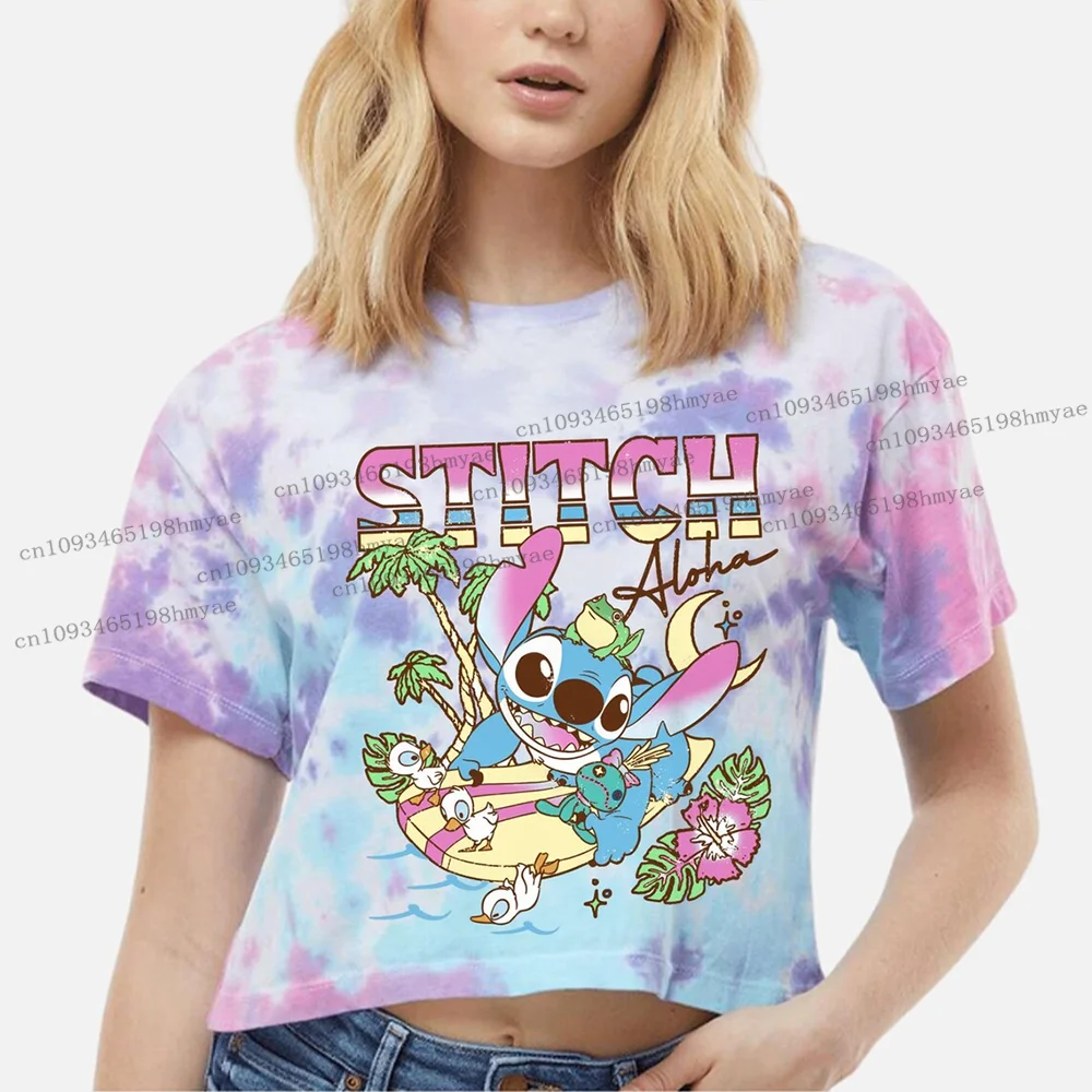 

Disney Stitch Aloha Crop Top Lilo & Stitch Duck Frog Surf Beach Baby Tee 2025 Summer Fashion Women Cute Hot Short T-shirt