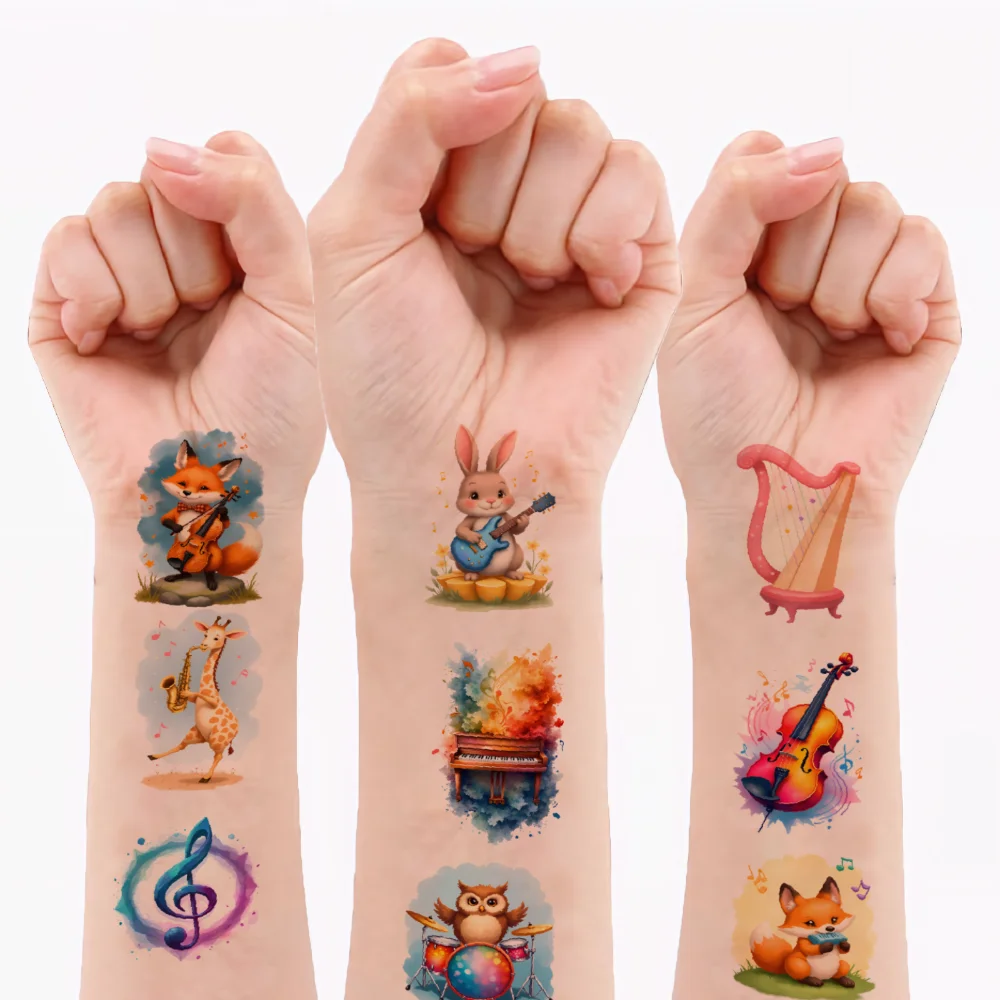 

63pcs Temporary Tattoo Instrument Stickers Cartoon Animal Music Waterproof Long-lasting Body Stickers For Men Arms Cheeks