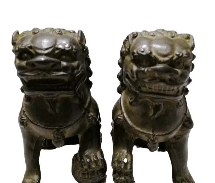 A Pair Old Antiques Chinese Bronze Fu Foo Dog Guardian Lion Statues