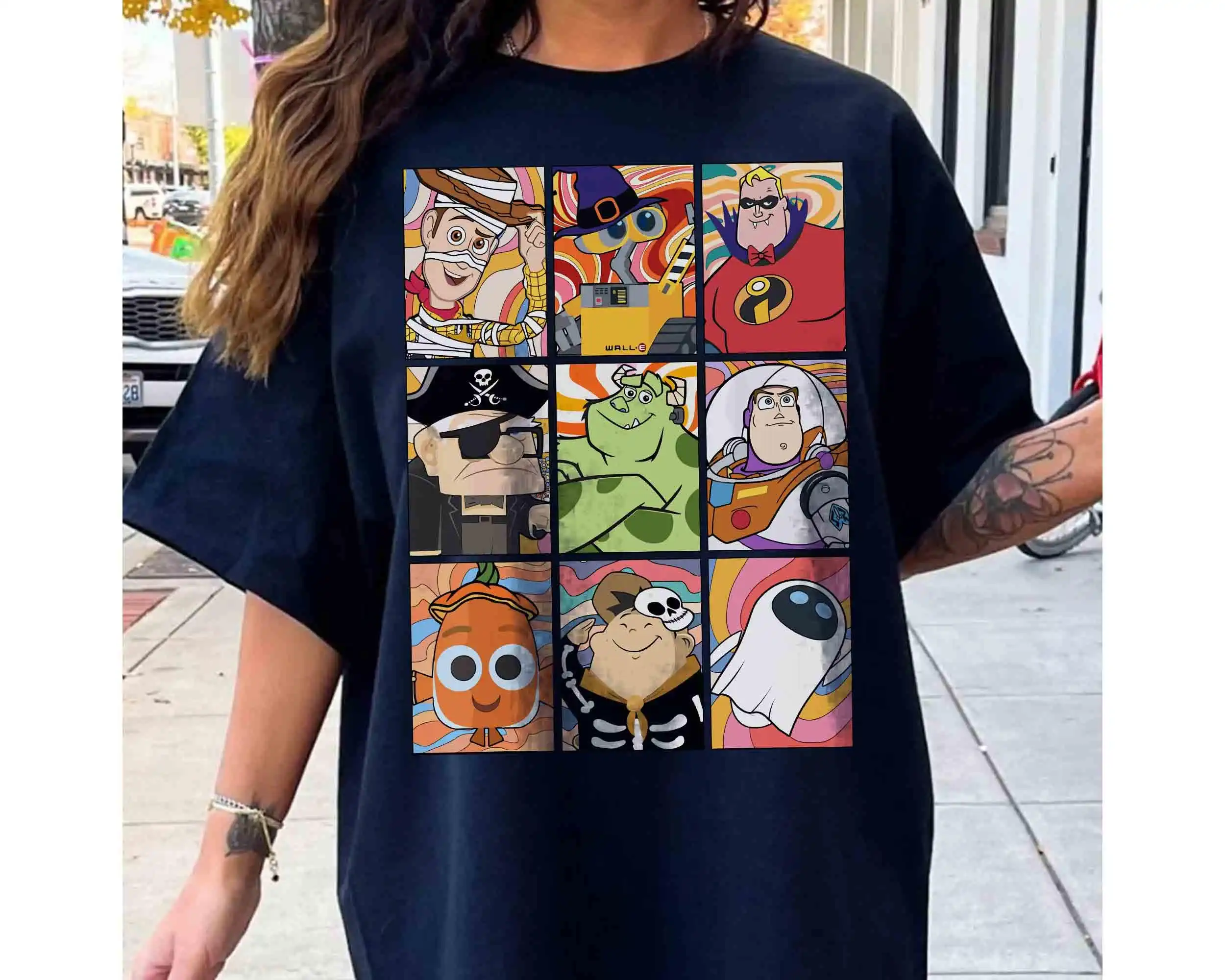 خمر شخصيات ديزني بيكسار هالوين صور قميص لعبة قصة الهيكل العظمي سيارات المومياء الوحش Inc المحملة