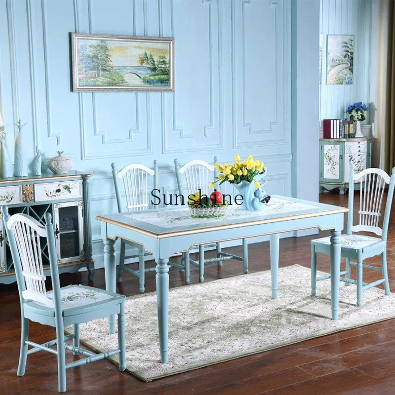 American all solid wood dining table blue flower and bird dining chair