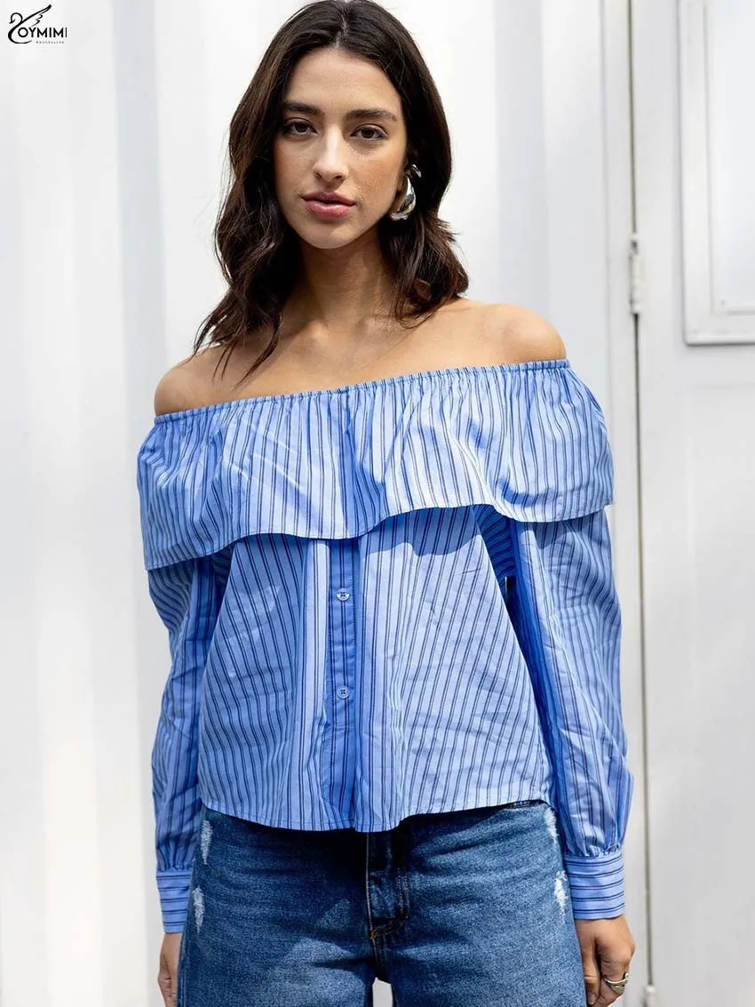 

Oymimi Fashion Blue Print Women's Blouse Casual Strapless Long Sleeve Blouses Elegant Single Breasted Off The Shoulder Blouses