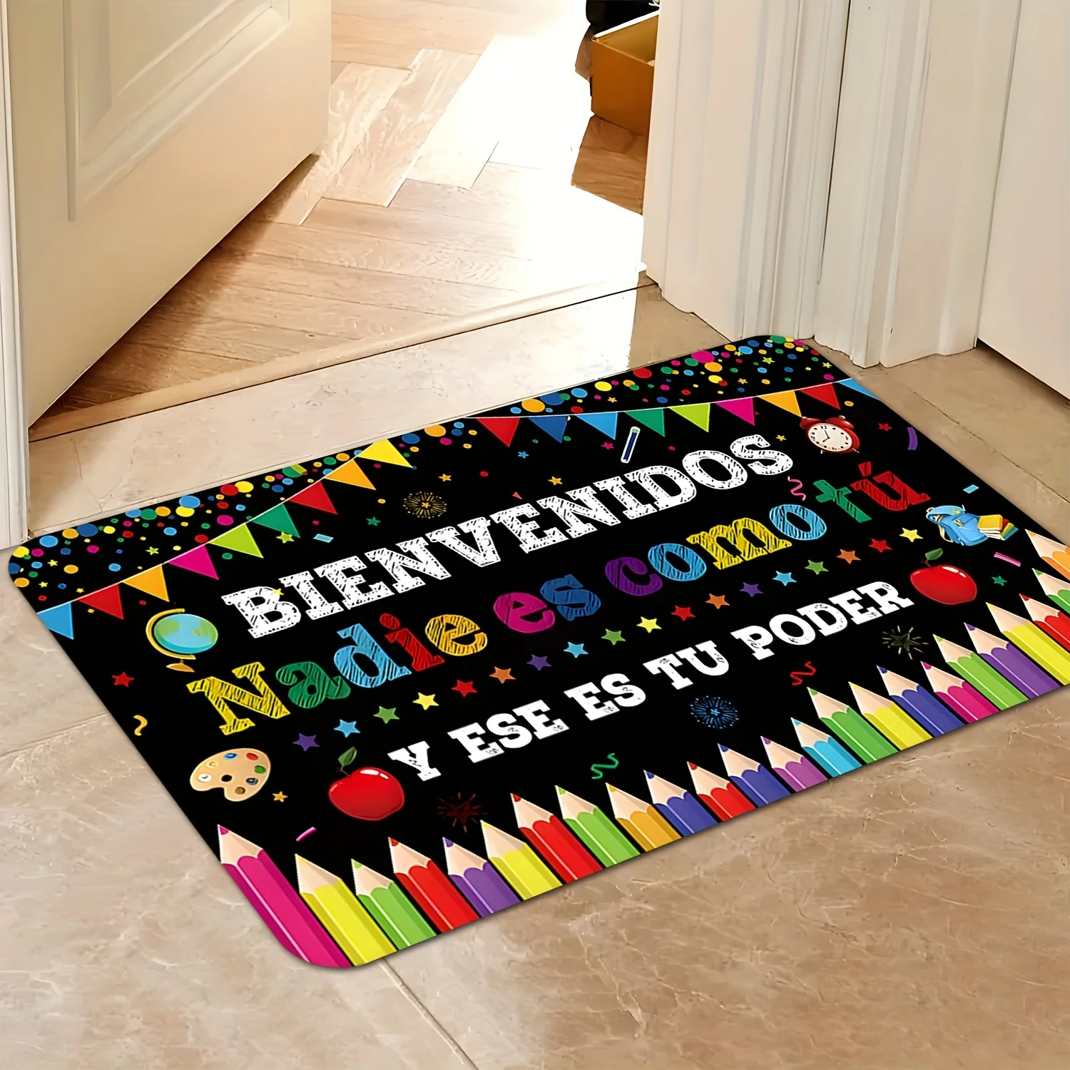 Colorful Spanish Welcome Door Mat, Classroom Decor & Pencils Pattern, Non-slip Entrance Rug, Teacher Gift, Kids Room Floor Mat